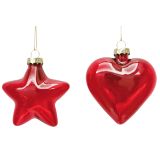 Star & Heart Glass Baubles Red 8cm (2 As