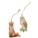 Owl & Fox Metal Hanging Decoration Brown